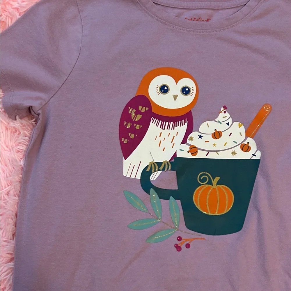 Cat & Jack Purple Tee with Owl and Pumpkin Mug Design